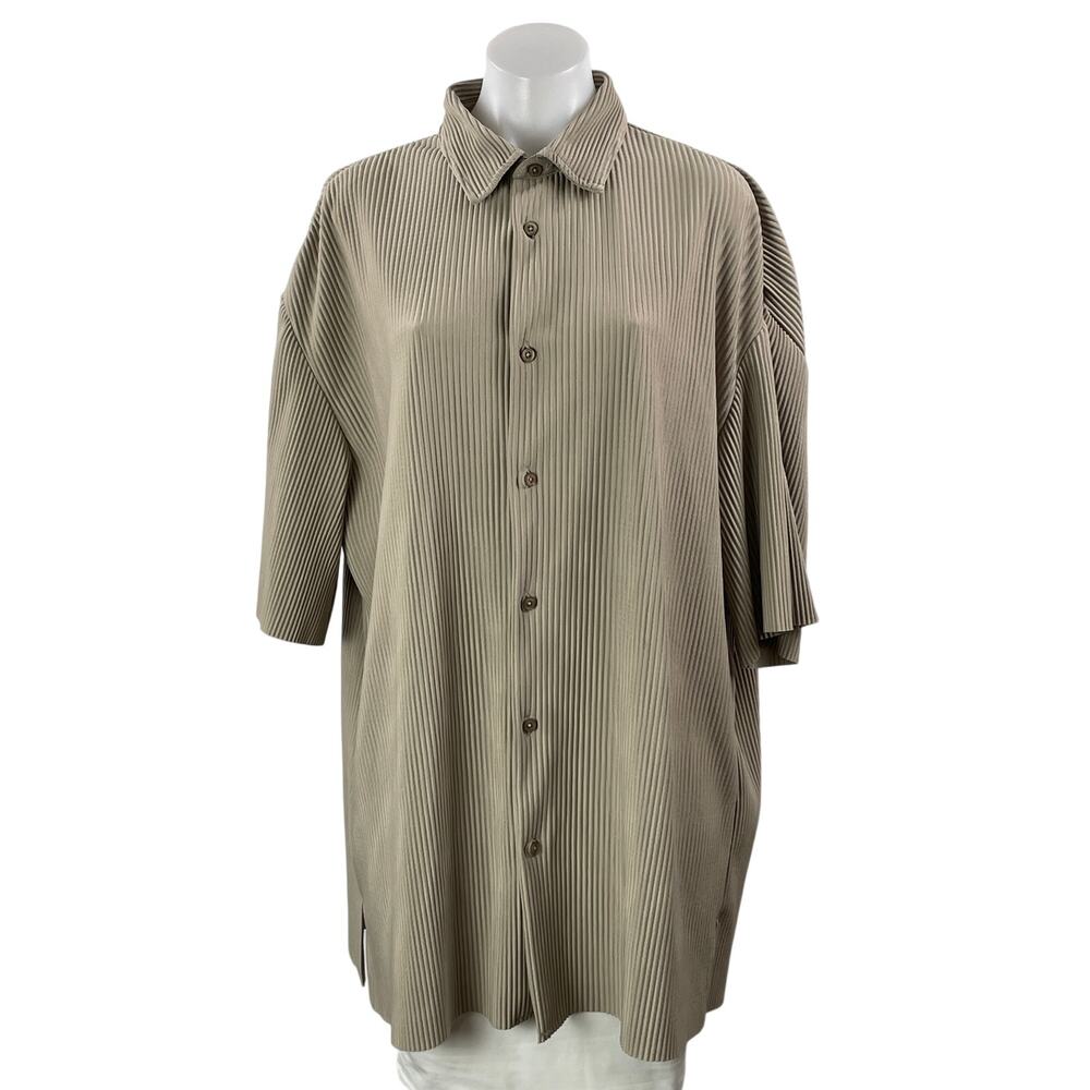 Zara Women's Beige Ribbed Plisse Half Sleeve Button Down Shirt Tunic Top Size L